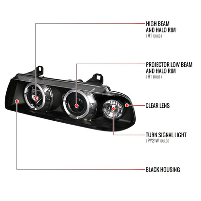 1992-1998 BMW E36 3 Series Coupe/Sedan Dual Halo Projector Headlights (Matte Black Housing/Clear Lens)