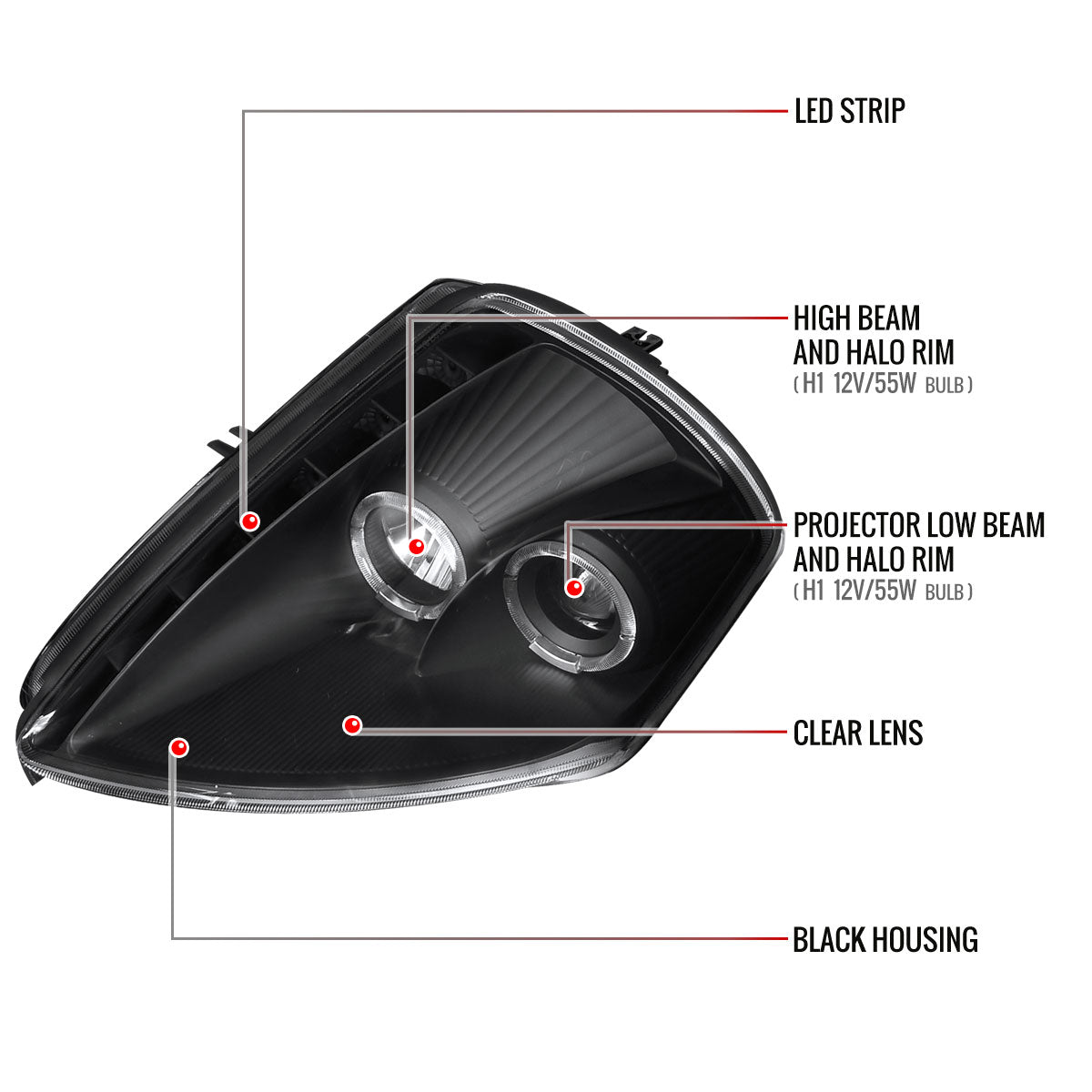 2000-2005 Mitsubishi Eclipse Dual Halo Projector Headlights w/ SMD LED Light Strip (Matte Black Housing/Clear Lens)