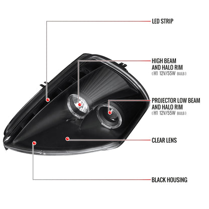 2000-2005 Mitsubishi Eclipse Dual Halo Projector Headlights w/ SMD LED Light Strip (Matte Black Housing/Clear Lens)