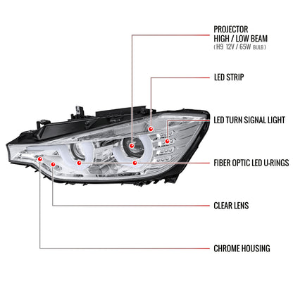 2012-2015 F30 3 Series Sedan Dual U-Bar Projector Headlights w/ LED Turn Signal Lights (Chrome Housing/Clear Lens)