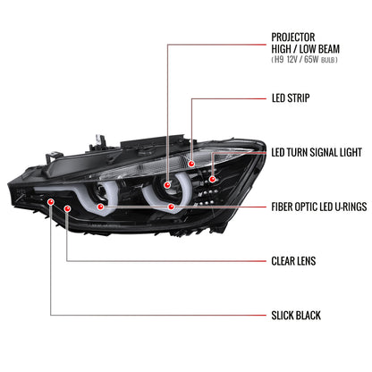 2012-2015 F30 3 Series Sedan Dual U-Bar Projector Headlights w/ LED Turn Signal Lights (Jet Black Housing/Clear Lens)