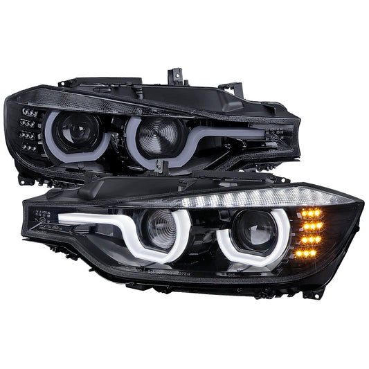 2012-2015 BMW F30 3 Series Sedan Dual LED U-Bar Projector HID-Compatible Headlights w/ LED Turn Signal Lights (Glossy Black Housing/Smoked Lens)