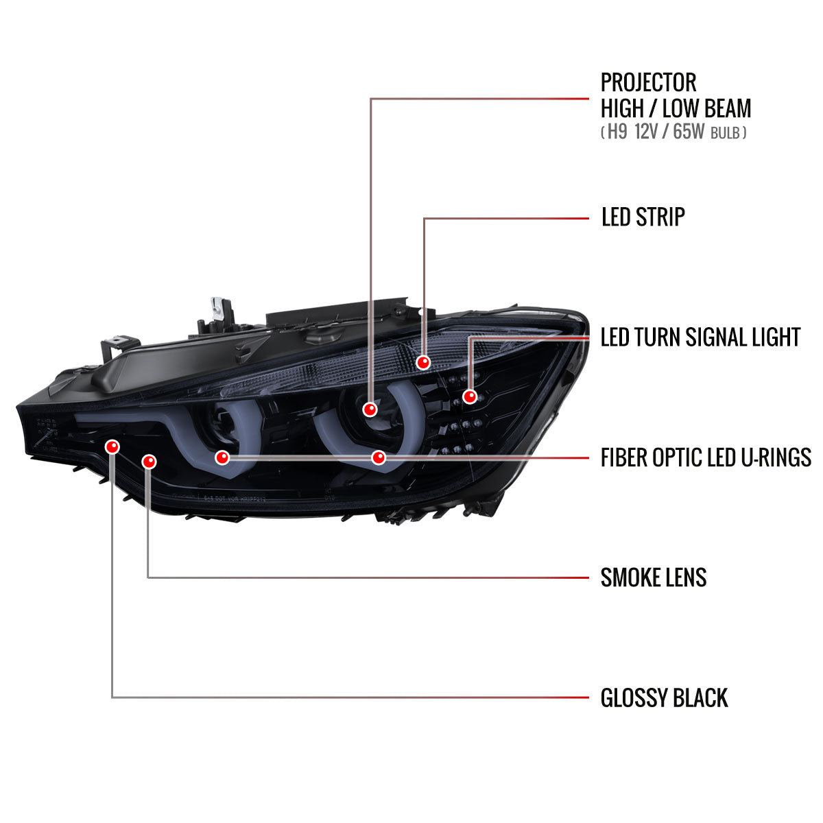 2012-2015 F30 3 Series Sedan Dual U-Bar Projector Headlights w/ LED Turn Signal Lights (Chrome Housing/Smoked Lens)