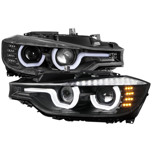 2012-2015 BMW F30 3 Series Sedan Dual LED U-Bar Projector HID-Compatible Headlights w/ LED Turn Signal Lights (Matte Black Housing/Clear Lens)