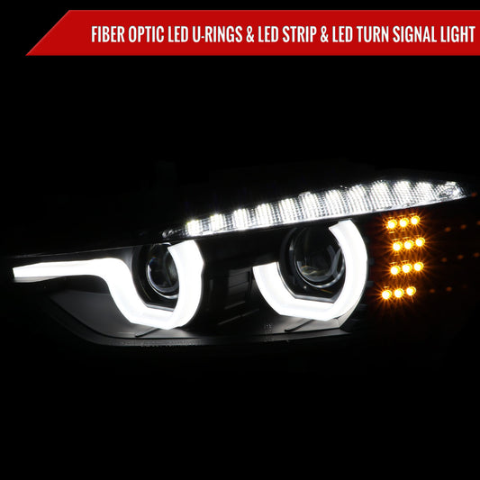 2012-2015 F30 3 Series Sedan Dual U-Bar Projector Headlights w/ LED Turn Signal Lights (Matte Black Housing/Clear Lens)