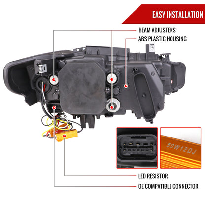 2012-2015 F30 3 Series Sedan Dual U-Bar Projector Headlights w/ LED Turn Signal Lights (Matte Black Housing/Clear Lens)