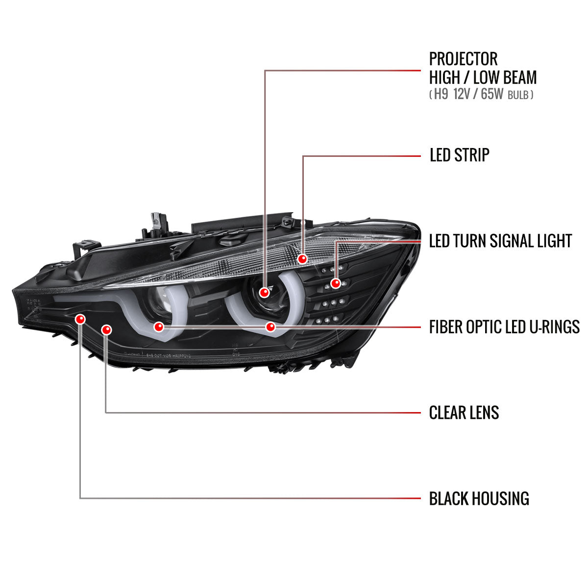 2012-2015 F30 3 Series Sedan Dual U-Bar Projector Headlights w/ LED Turn Signal Lights (Matte Black Housing/Clear Lens)