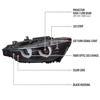 2012-2015 F30 3 Series Sedan Dual U-Bar Projector Headlights w/ LED Turn Signal Lights (Matte Black Housing/Clear Lens)
