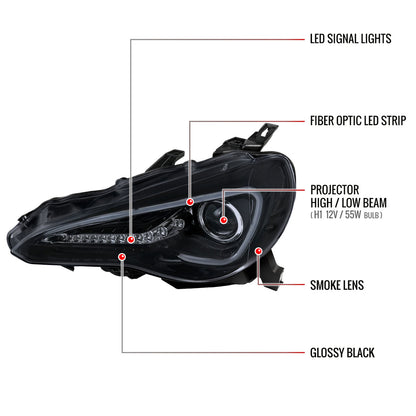 2012-2017 Toyota 86/ Scion FRS LED Bar Projector Headlights w/ LED Turn Signal Lights (Glossy Black Housing/Smoked Lens)