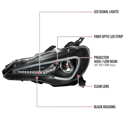 2012-2017 Scion FRS/ Toyota 86 LED Bar Projector Headlights w/ LED Turn Signal Lights (Matte Black Housing/Clear Lens)
