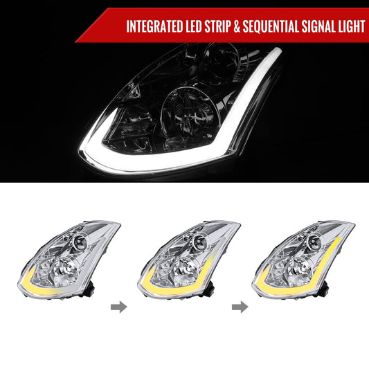 2003-2007 Infiniti G35 Coupe LED Bar Projector Headlights w/ Sequential Turn Signals (Chrome Housing/Clear Lens)