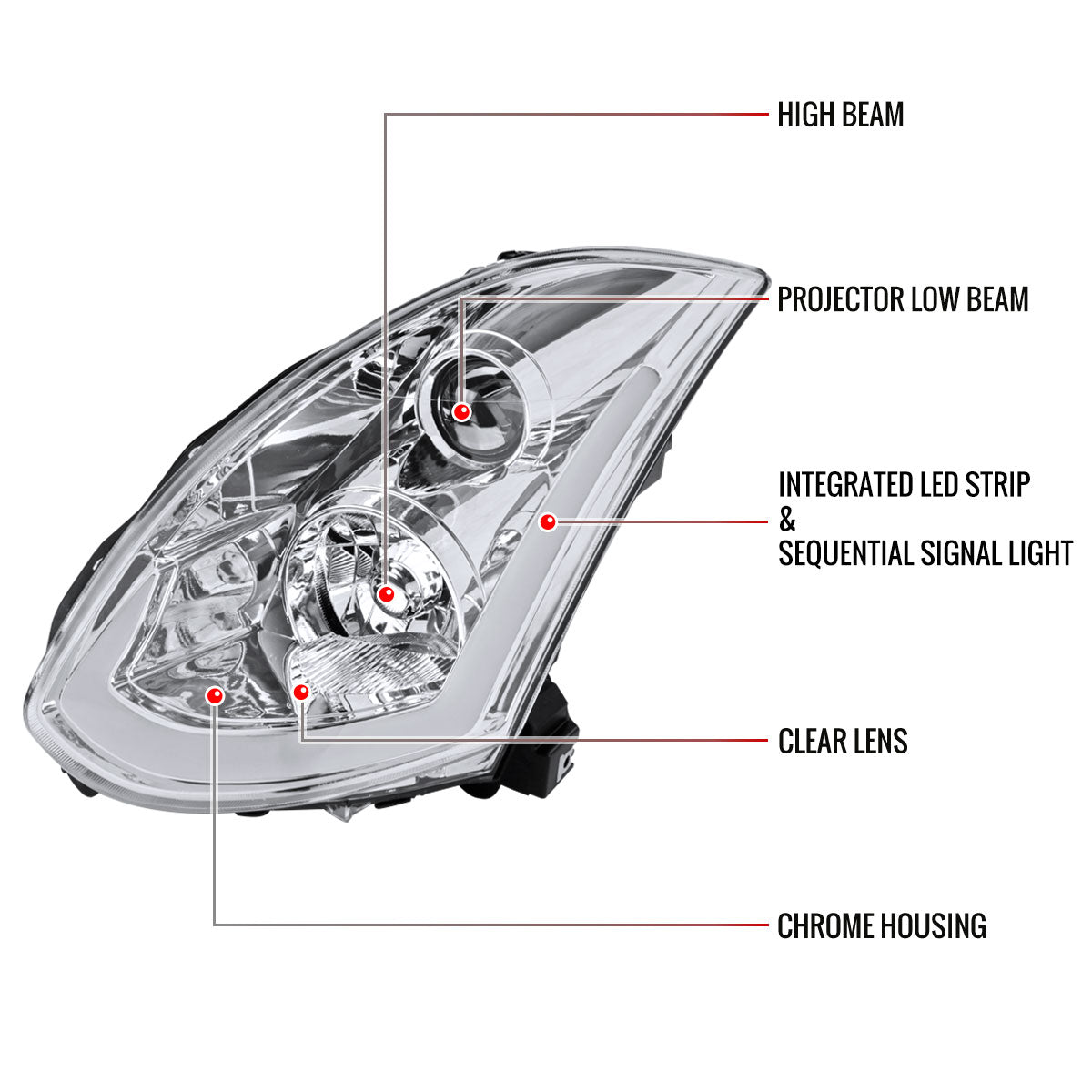 2003-2007 Infiniti G35 Coupe LED Bar Projector Headlights w/ Sequential Turn Signals (Chrome Housing/Clear Lens)