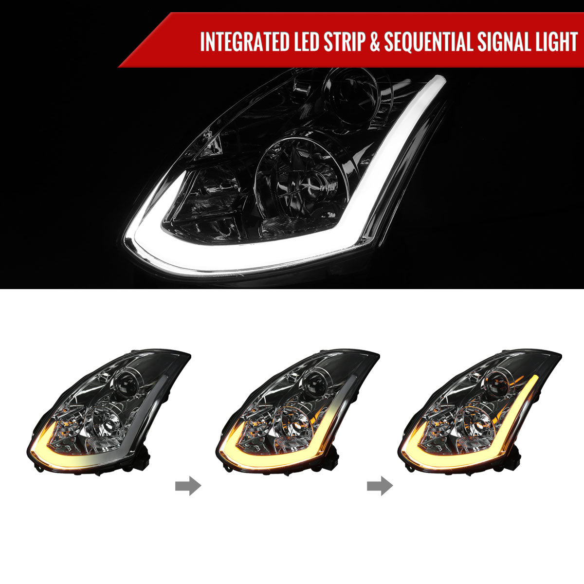 2003-2007 Infiniti G35 Coupe LED Bar Projector Headlights w/ Sequential Turn Signals (Chrome Housing/Smoked Lens)