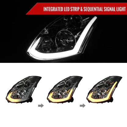 2003-2007 Infiniti G35 Coupe LED Bar Projector Headlights w/ Sequential Turn Signals (Chrome Housing/Smoked Lens)