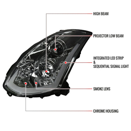 2003-2007 Infiniti G35 Coupe LED Bar Projector Headlights w/ Sequential Turn Signals (Chrome Housing/Smoked Lens)