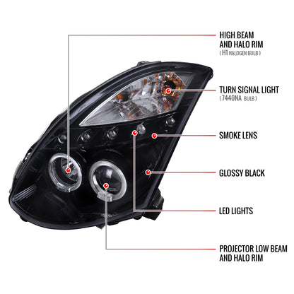 2003-2007 Infiniti G35 Coupe Dual Halo Projector Headlights (Glossy Black Housing/Smoked Lens)