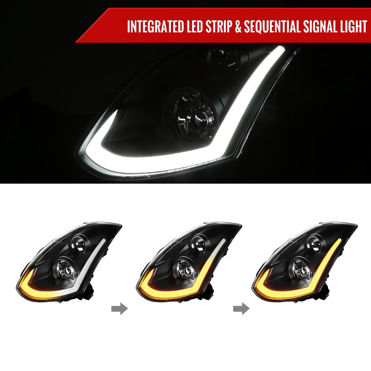 2003-2007 Infiniti G35 Coupe LED Bar Projector Headlights w/ Sequential Turn Signals (Matte Black Housing/Clear Lens)