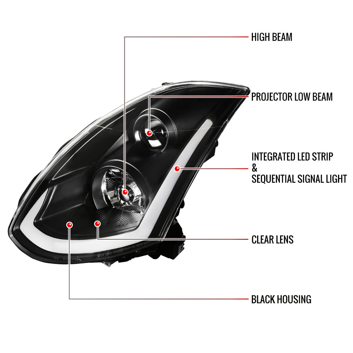 2003-2007 Infiniti G35 Coupe LED Bar Projector Headlights w/ Sequential Turn Signals (Matte Black Housing/Clear Lens)