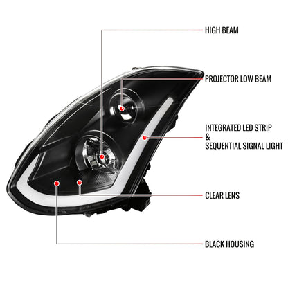 2003-2007 Infiniti G35 Coupe LED Bar Projector Headlights w/ Sequential Turn Signals (Matte Black Housing/Clear Lens)