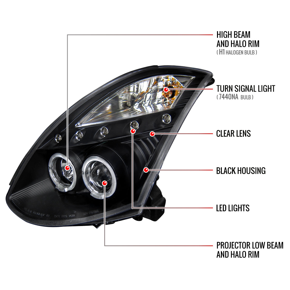 2003-2007 Infiniti G35 Coupe Dual Halo Projector Headlights (Matte Black Housing/Clear Lens)