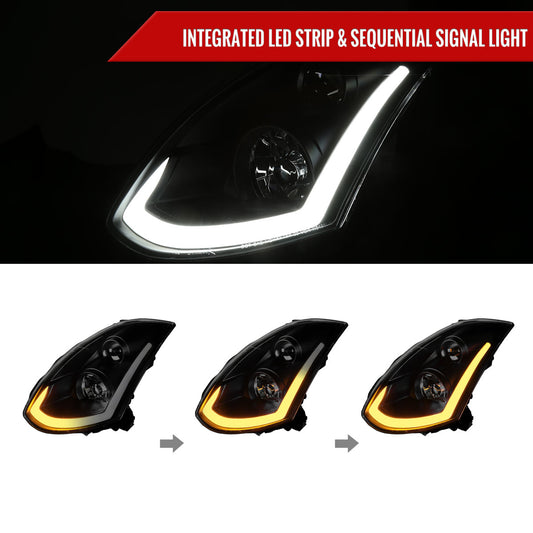 2003-2007 Infiniti G35 Coupe LED Bar Projector Headlights w/ Sequential Turn Signals (Black Housing/Smoked Lens)