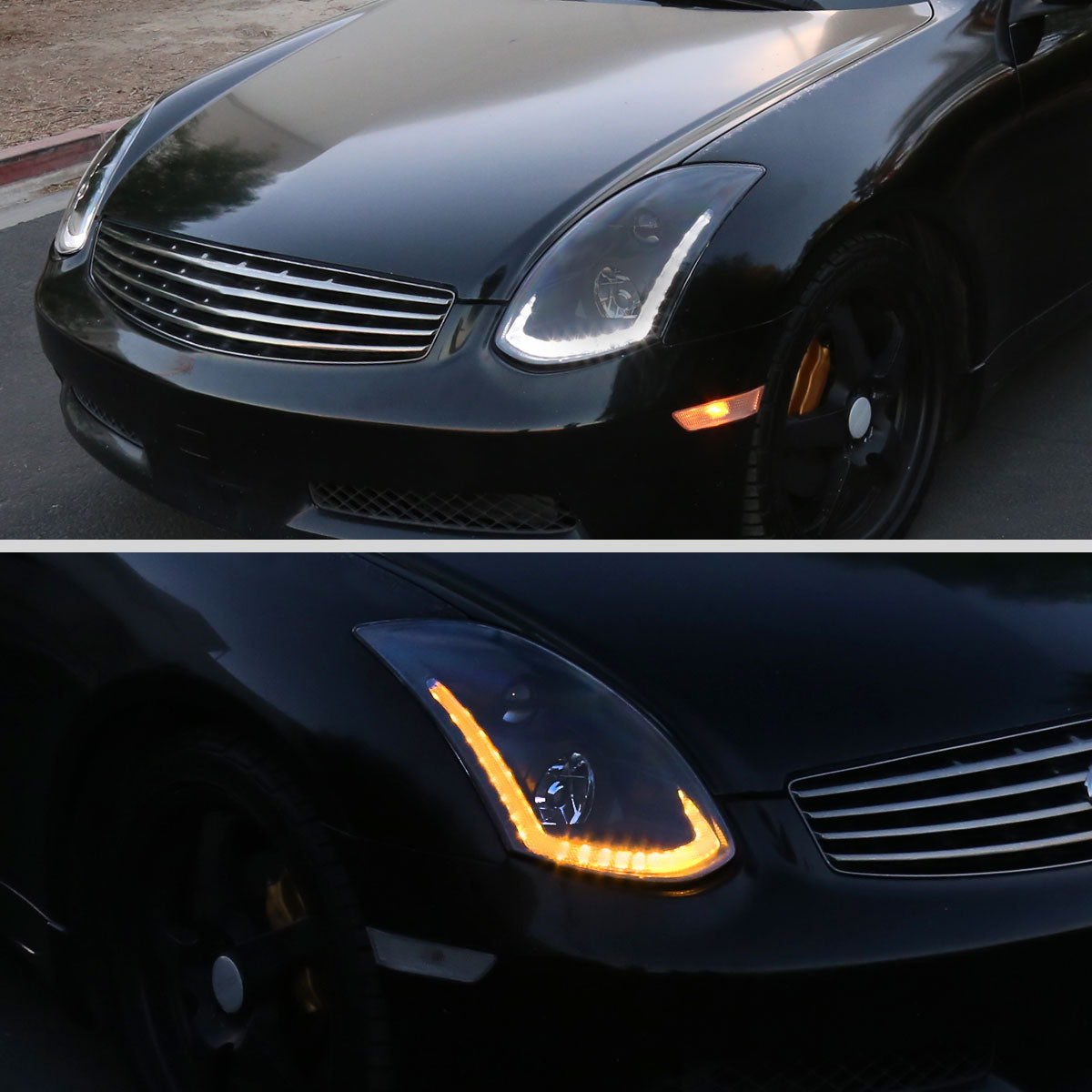 2003-2007 Infiniti G35 Coupe LED Bar Projector Headlights w/ Sequential Turn Signals (Black Housing/Smoked Lens)