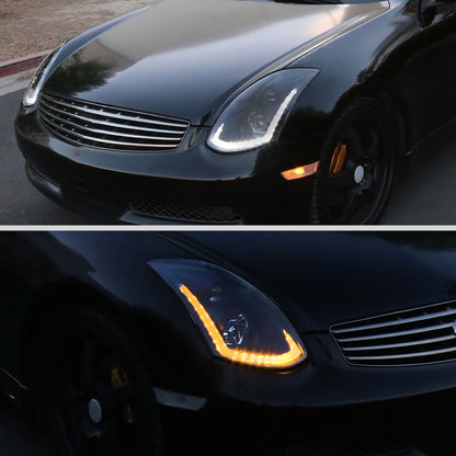 2003-2007 Infiniti G35 Coupe LED Bar Projector Headlights w/ Sequential Turn Signals (Black Housing/Smoked Lens)