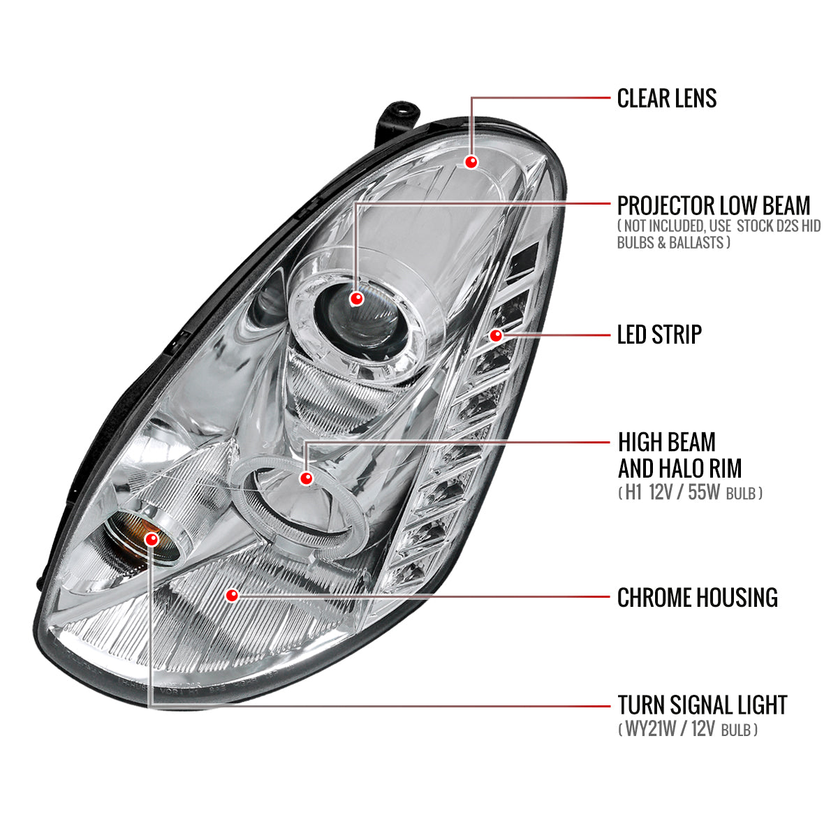2005-2006 Infiniti G35 Sedan Halo Projector Headlights (Chrome Housing/Clear Lens)