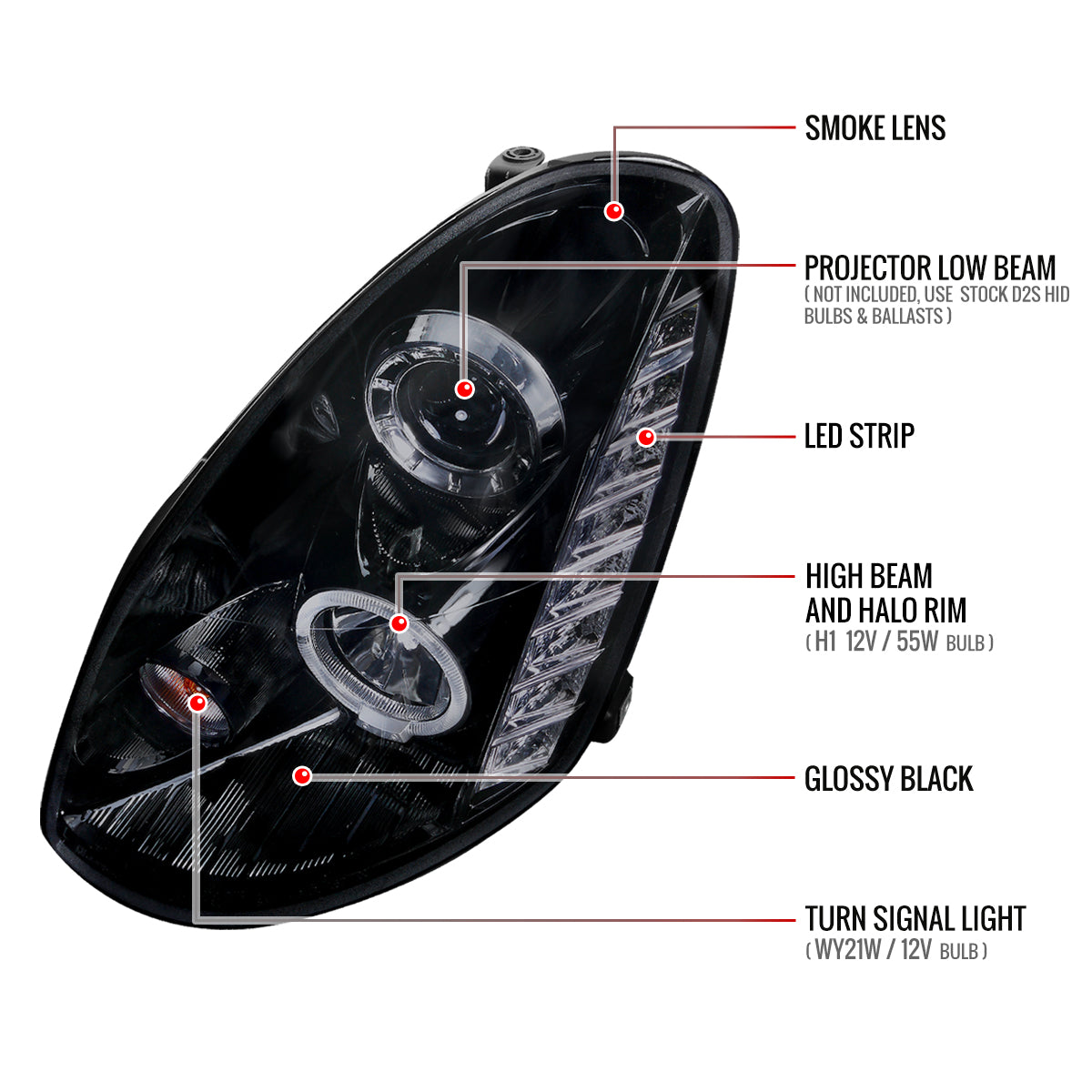 2005-2006 Infiniti G35 Sedan Halo Projector Headlights w/ SMD LED Light Strip (Glossy Black Housing/Smoked Lens)
