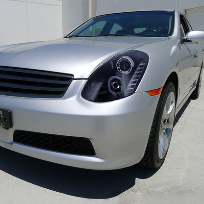 2005-2006 Infiniti G35 Sedan Halo Projector Headlights w/ SMD LED Light Strip (Glossy Black Housing/Smoked Lens)