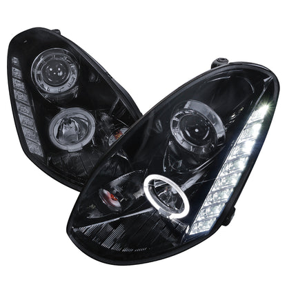 2005-2006 Infiniti G35 Sedan Halo Projector Headlights w/ SMD LED Light Strip (Glossy Black Housing/Smoked Lens)