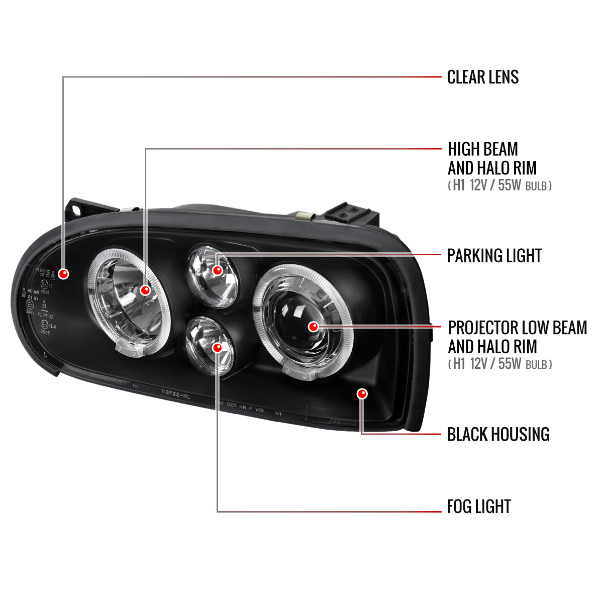 1993-1998 Volkswagen Golf Mk3/Cabrio Dual Halo Projector Headlights (Matte Black Housing/Clear Lens)