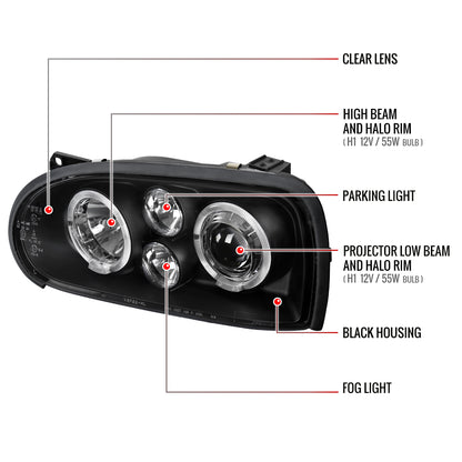 1993-1998 Volkswagen Golf Mk3/Cabrio Dual Halo Projector Headlights (Matte Black Housing/Clear Lens)