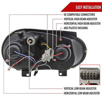 1999-2006 Volkswagen Golf Mk4 GTI/R32 Cabrio Projector Headlights w/ R8 Style LED Light Strip (Glossy Black Housing/Smoked Lens)