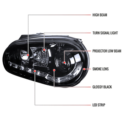 1999-2006 Volkswagen Golf Mk4 GTI/R32 Cabrio Projector Headlights w/ R8 Style LED Light Strip (Glossy Black Housing/Smoked Lens)