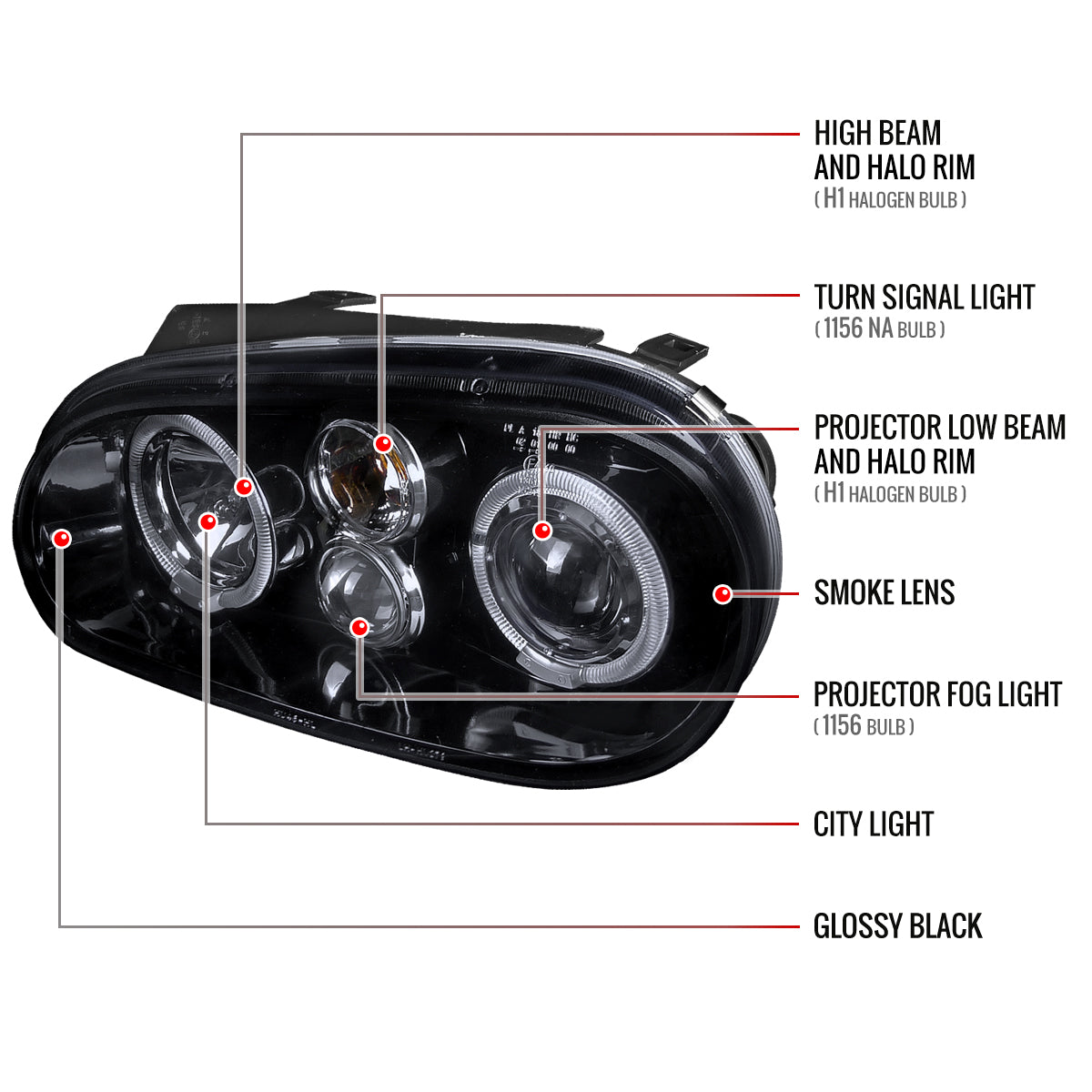 1999-2006 Volkswagen Golf Mk4 GTI/R32 Cabrio Dual Halo Projector Headlights (Glossy Black Housing/Smoked Lens)