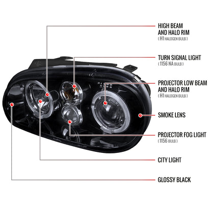 1999-2006 Volkswagen Golf Mk4 GTI/R32 Cabrio Dual Halo Projector Headlights (Glossy Black Housing/Smoked Lens)