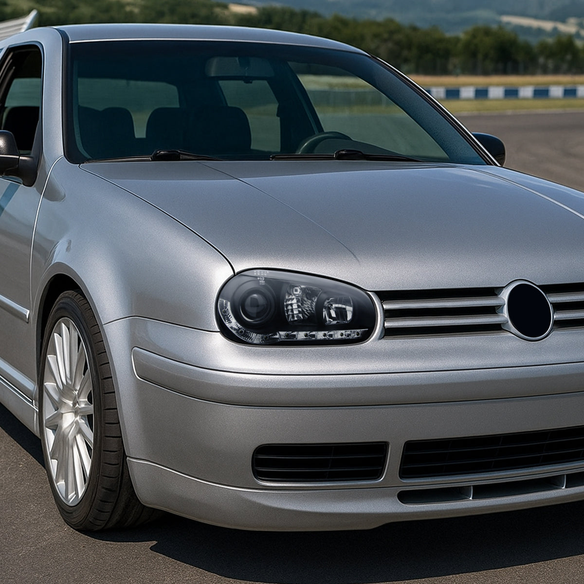 1999-2006 Volkswagen Golf Mk4 GTI/R32 Cabrio Projector Headlights w/ R8 Style LED Light Strip (Matte Black Housing/Clear Lens)