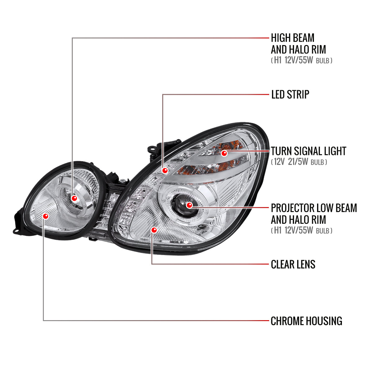 1998-2005 Lexus GS300/GS400/GS430 Halo Projector Headlights w/ SMD LED Light Strip (Chrome Housing/Clear Lens)