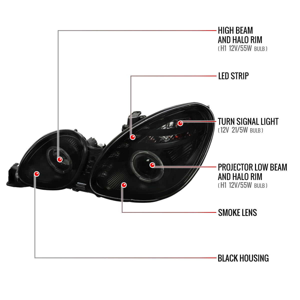 1998-2005 Lexus GS300/GS400/GS430 Halo Projector Headlights w/ SMD LED Light Strip (Black Housing/Smoked Lens)