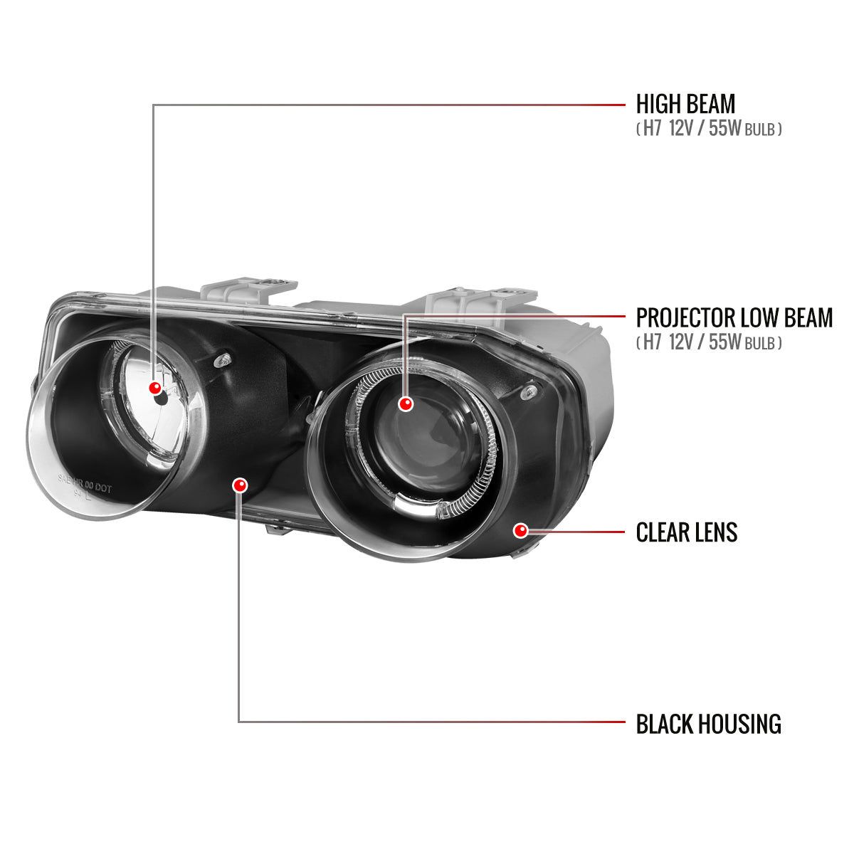 1994-1997 Acura Integra 3DR/4DR Dual Halo Projector Headlights (Matte Black Housing/Clear Lens)