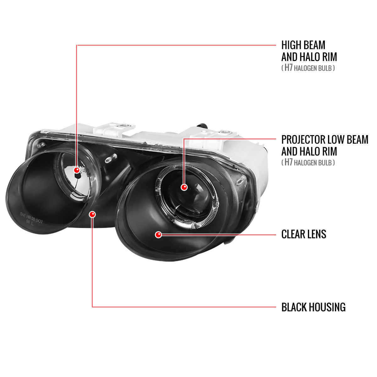 1998-2001 Acura Integra 3DR/4DR Dual Halo Projector Headlights (Matte Black Housing/Clear Lens)