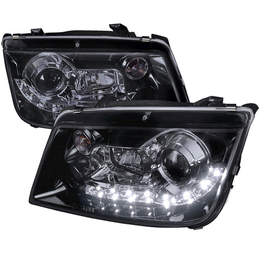 1999-2004 Volkswagen Jetta/Bora Projector Headlights w/ R8 Style LED Light Strip (Glossy Black Housing/Smoked Lens)