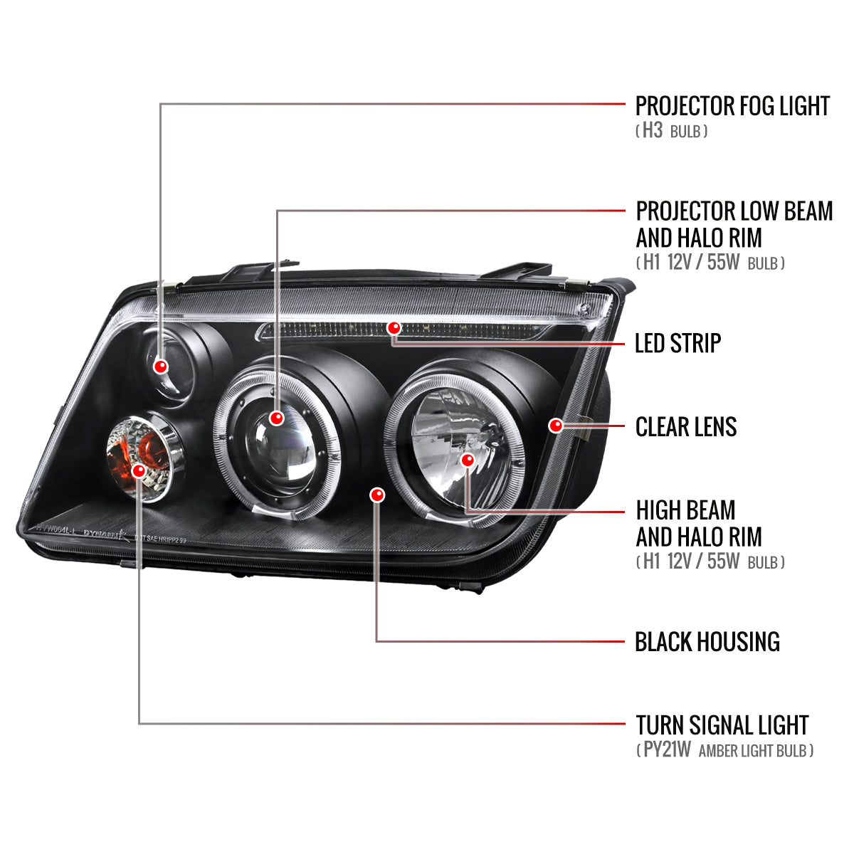 1999-2005 Volkswagen Jetta/Bora Mk4 Dual Halo Projector Headlights w/ LED Light Strip (Matte Black Housing/Clear Lens)