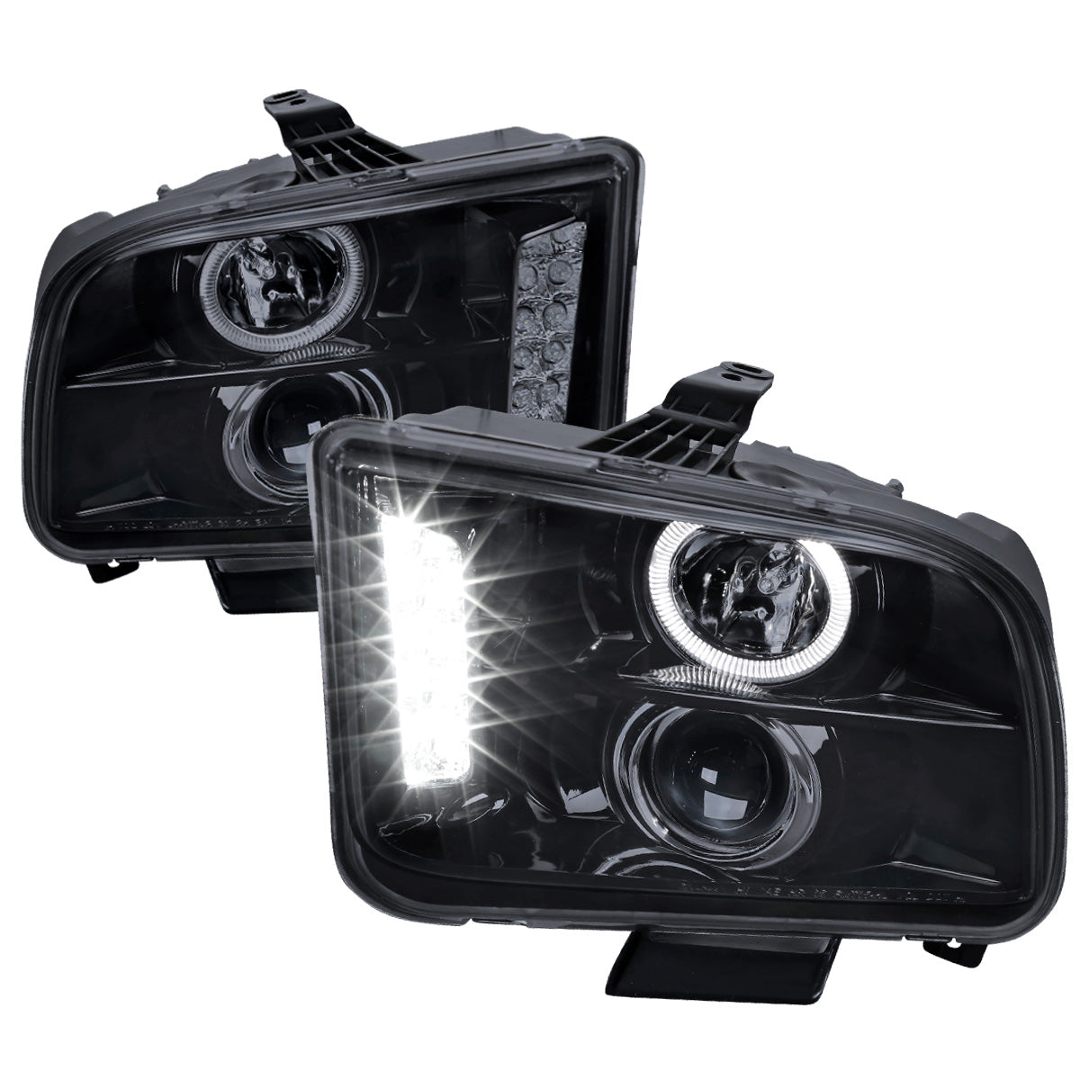 2005-2009 Ford Mustang Halo Projector Headlights w/ LED Light Strip (Glossy Black Housing/Smoked Lens)