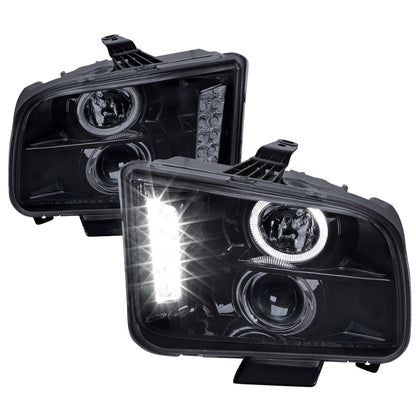 2005-2009 Ford Mustang Halo Projector Headlights w/ LED Light Strip (Glossy Black Housing/Smoked Lens)
