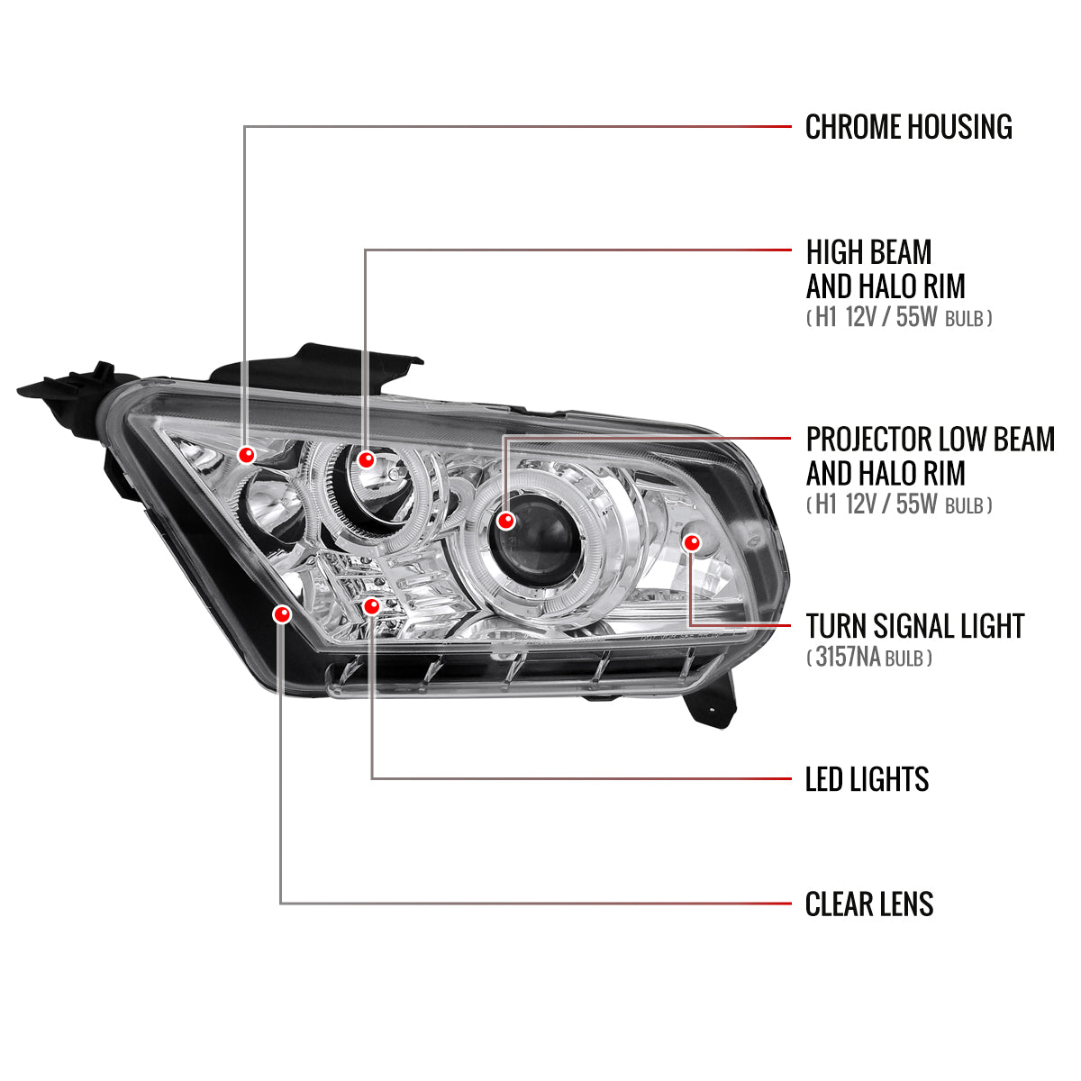 2010-2014 Ford Mustang Dual Halo Projector Headlights (Chrome Housing/Clear Lens)
