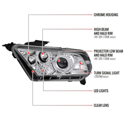 2010-2014 Ford Mustang Dual Halo Projector Headlights (Chrome Housing/Clear Lens)