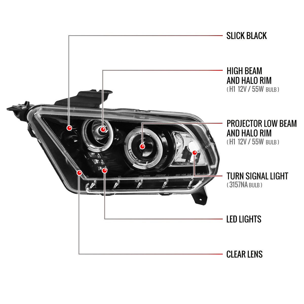 2010-2014 Ford Mustang Dual Halo Projector Headlights (Jet Black Housing/Clear Lens)