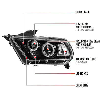 2010-2014 Ford Mustang Dual Halo Projector Headlights (Jet Black Housing/Clear Lens)
